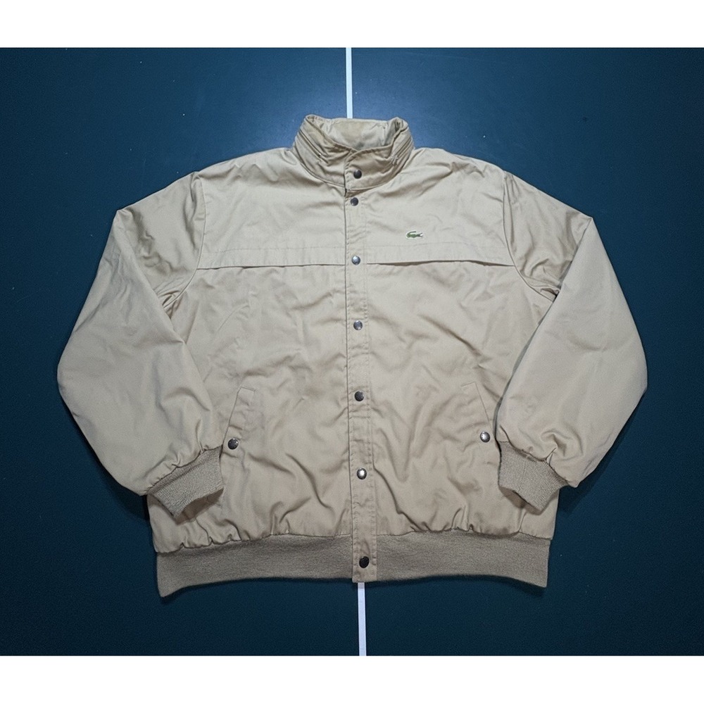 Vintage 70s Izod Lacoste Bomber Jacket Mens XL Beige Fleece Lined Packable Hood
